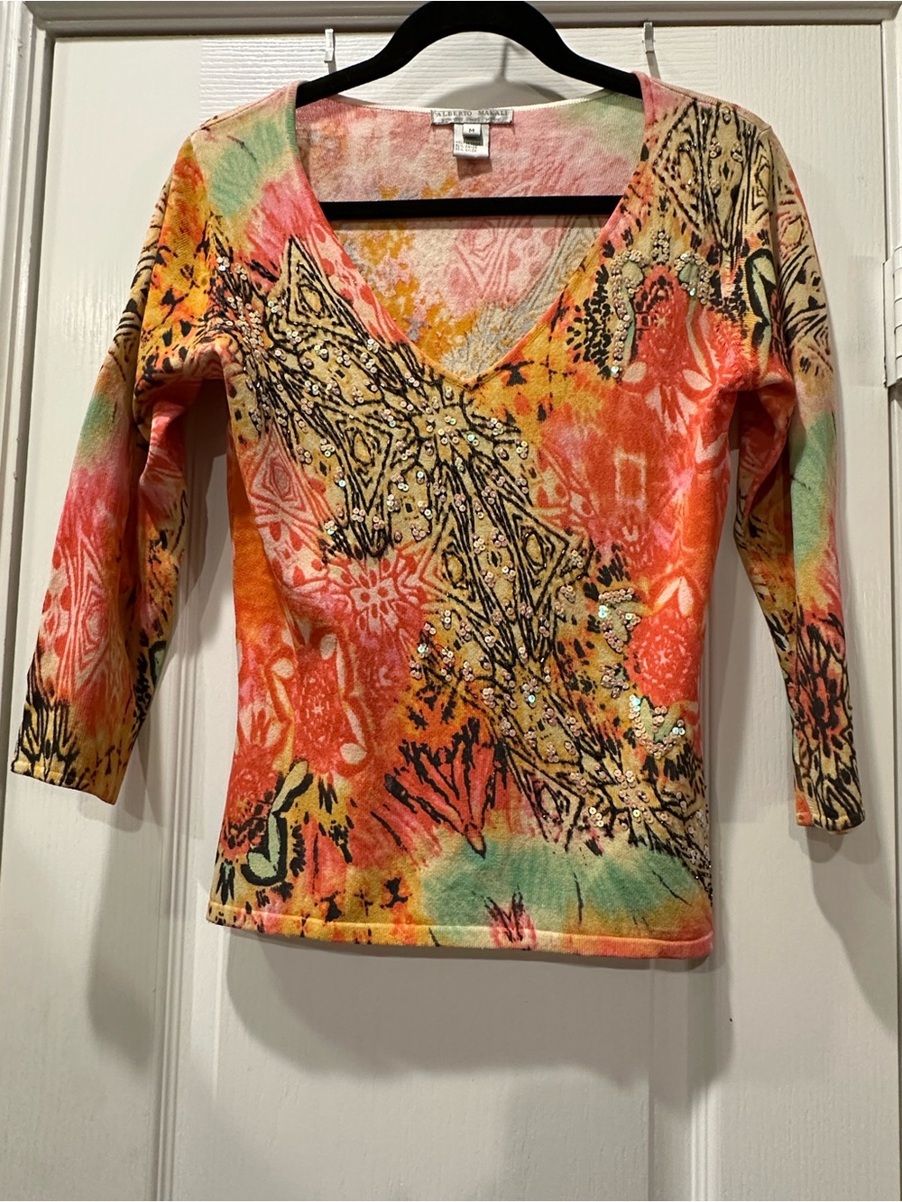 Alberto Makali Multicolor V-Neck 3/4 Sleeve Top with Embellishment